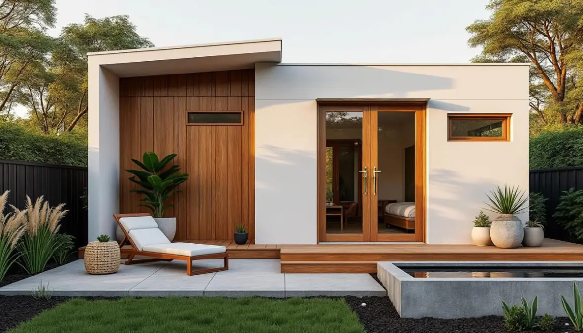 explorez une tiny house de 30m2 alliant le charme du style mid-century à une élégance glamour unique, pour un cadre de vie à la fois confortable et raffiné.