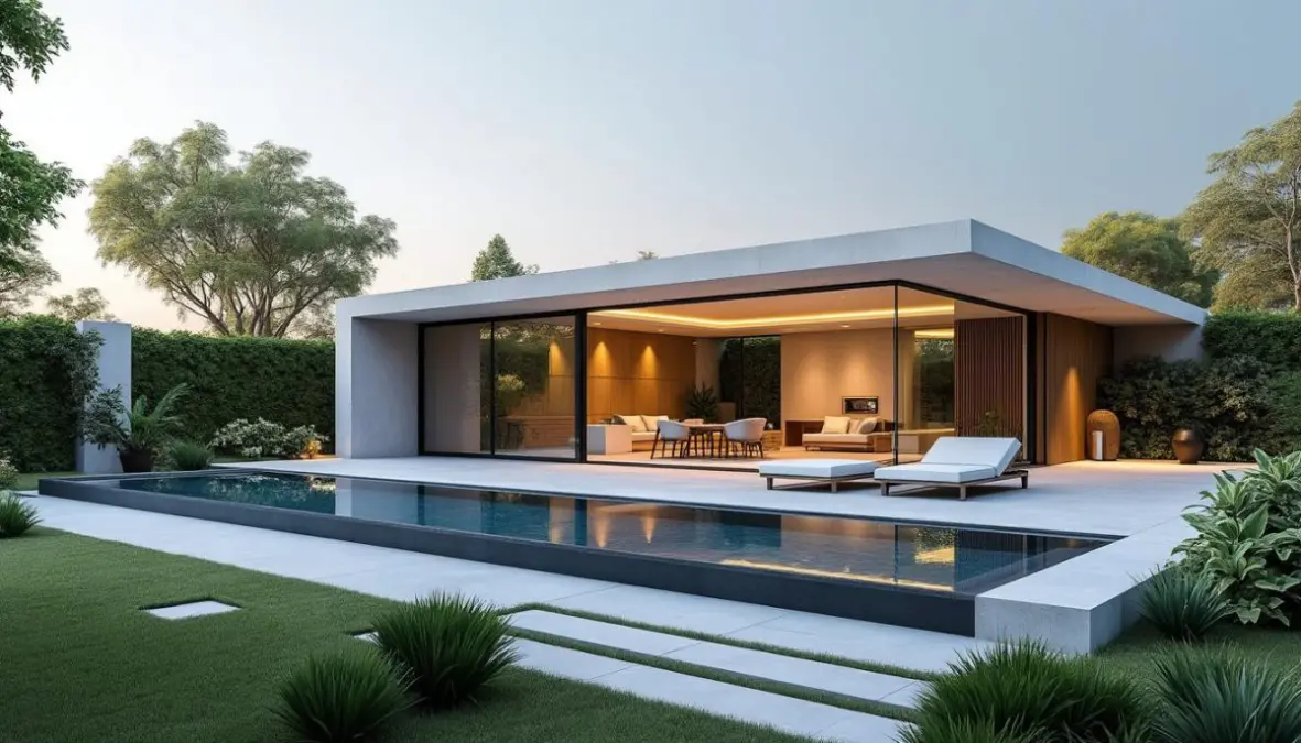 découvrez notre maison préfabriquée au design avant-gardiste, équipée d'une piscine plongeante intégrée pour un confort et une modernité inégalés.
