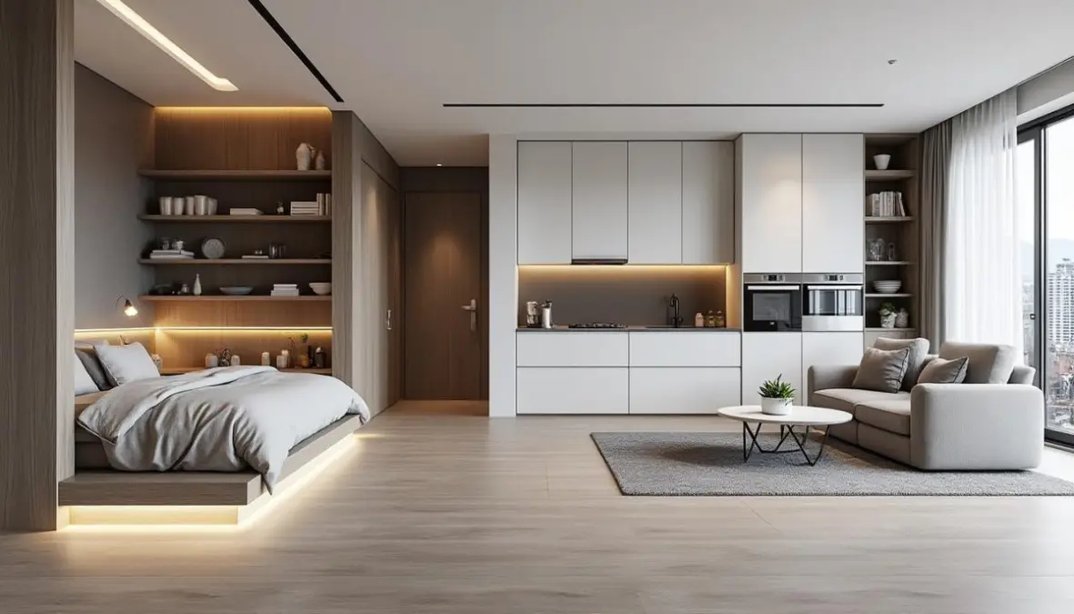 découvrez ce studio de 45m² avec alcôve, offrant un aménagement moderne qui combine parfaitement style et fonctionnalité pour un confort optimal au quotidien.