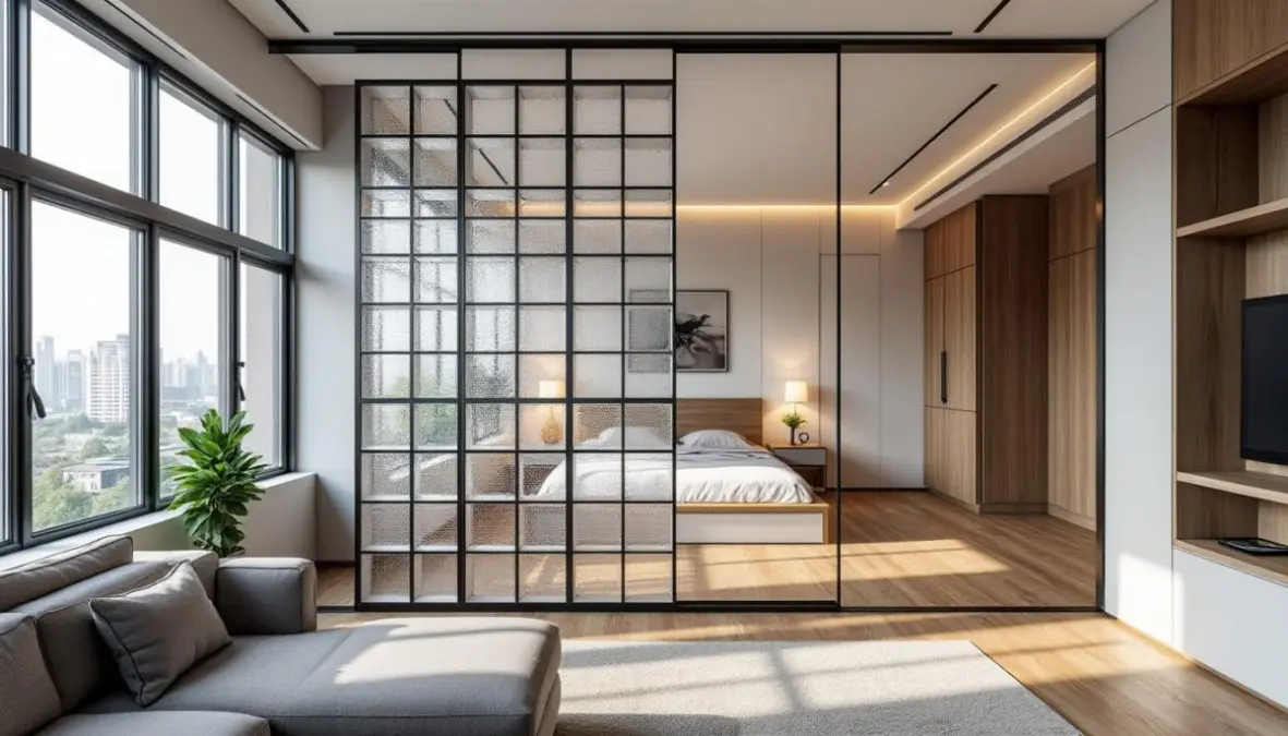 découvrez un studio de 26 m² ingénieusement aménagé avec un coin nuit séparé par une cloison en pavés de verre, alliant fonctionnalité et luminosité pour un espace cosy et moderne.