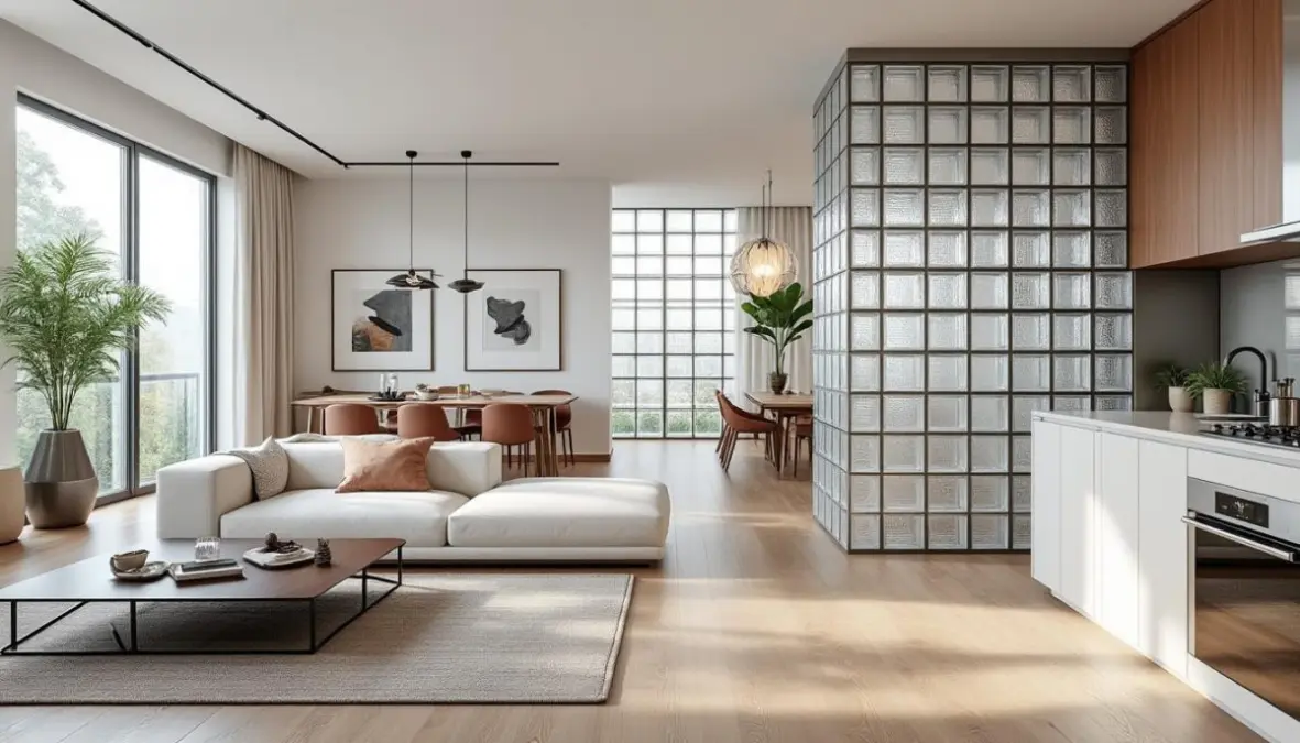 découvrez un appartement familial de 90m² sublimé par des cloisons en pavés de verre, alliant luminosité et modernité pour un espace de vie chaleureux et contemporain.
