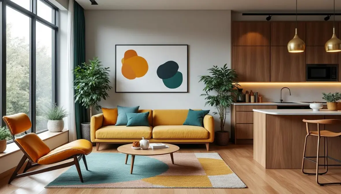 découvrez un appartement de 44m² au style mid-century modern, alliant l'élégance intemporelle des années 1950 à une touche contemporaine pour un intérieur chic et rétro revisité.