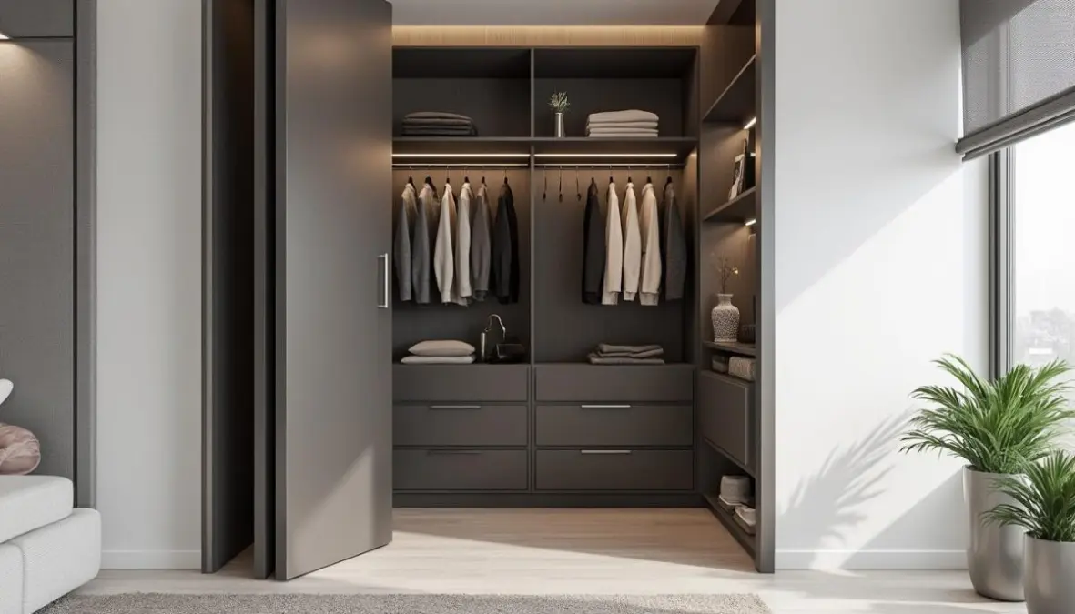 découvrez ce spacieux appartement de 47m² où un dressing ingénieux se cache derrière un placard ordinaire, alliant discrétion et fonctionnalité pour un espace de vie optimisé.