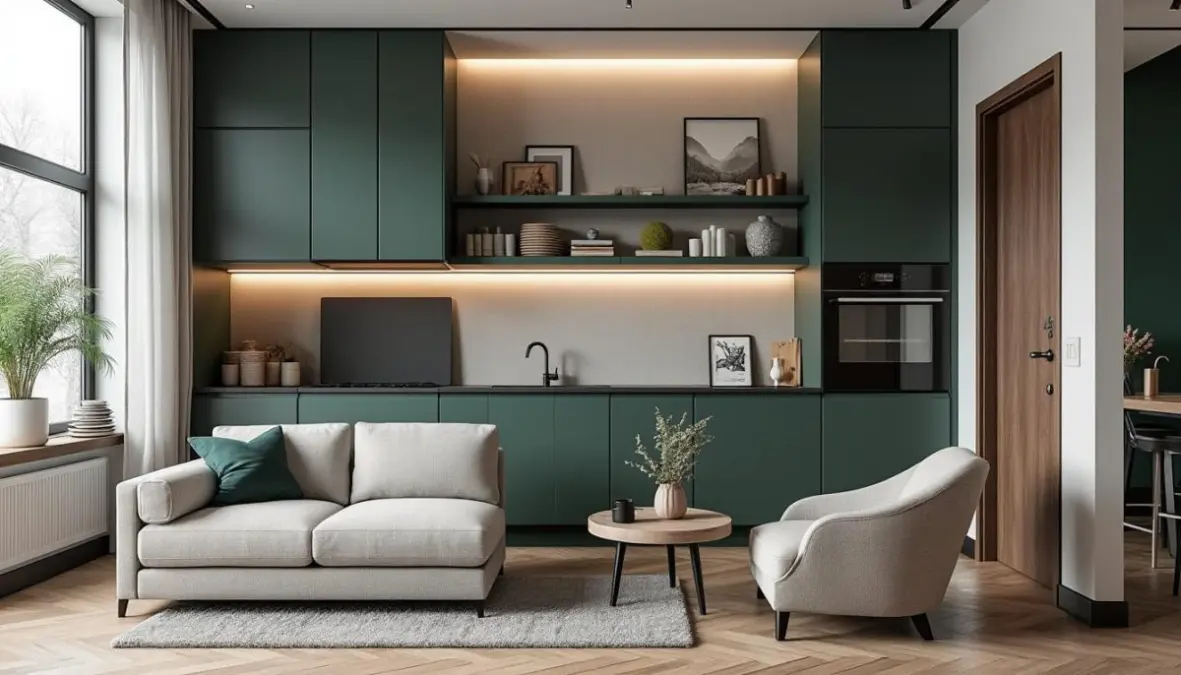 découvrez comment optimiser un studio de 33m² en intégrant une cuisine vert foncé élégante et une chambre en alcôve cosy, alliant style et fonctionnalité pour un espace de vie harmonieux.