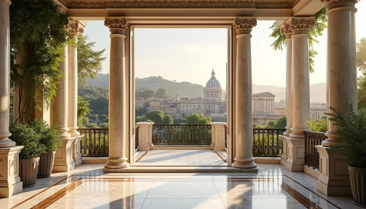 découvrez un appartement d'exception à l'esprit romain avec ses colonnes en marbre élégantes et une terrasse offrant une vue panoramique spectaculaire sur la ville.